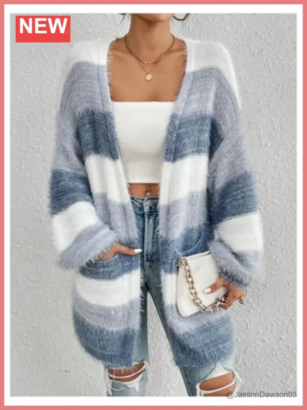 Colorblock Fuzzy Knit Cardigan Sweater Open Front Long Sleeve with Pockets